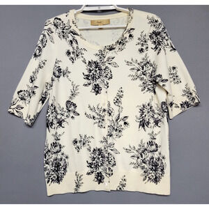 Miotto Button Front Sweater Womens M Ivory Black Floral Soft Knit Short Sleeves